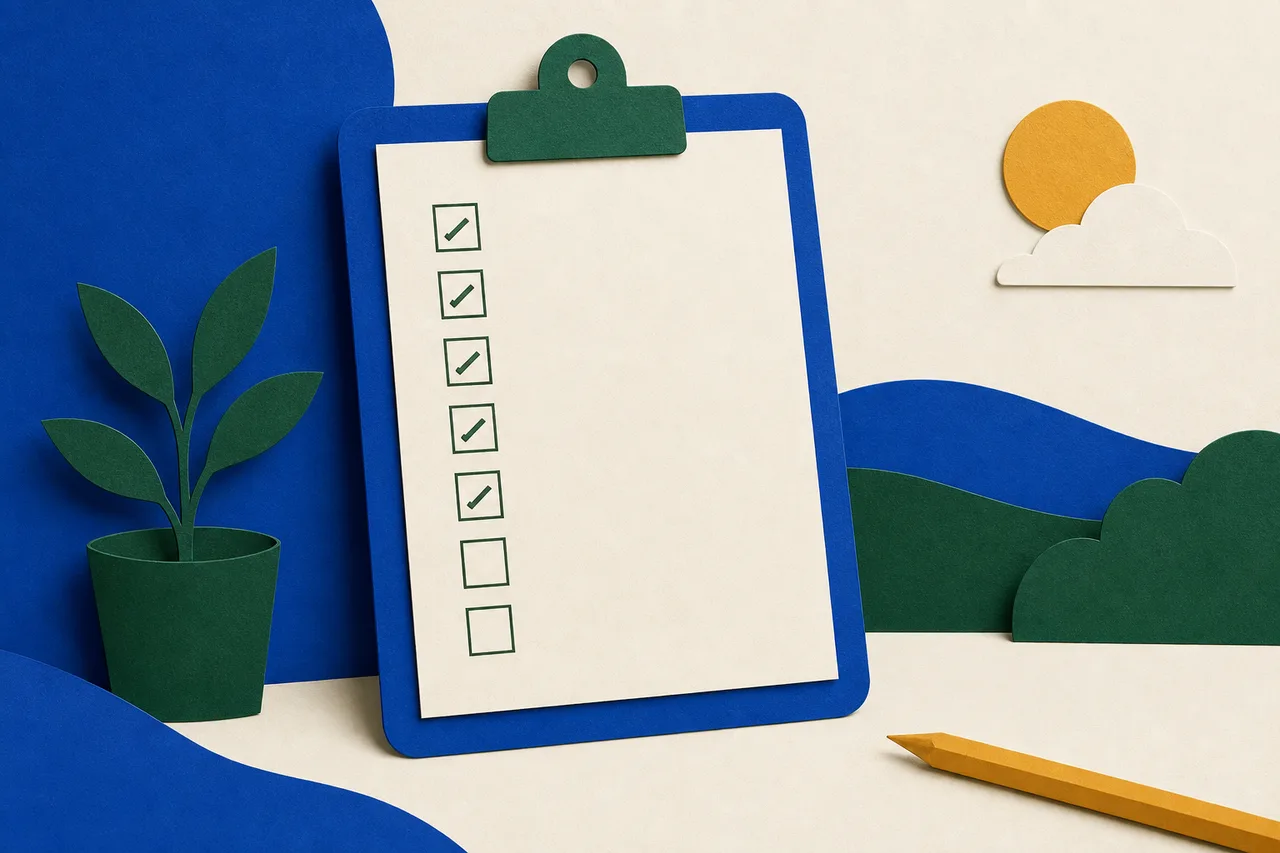 Ilustração de uma prancheta de papel recortado com uma coluna de caixinhas, a maior parte marcada com um traço verde e duas ainda vazias