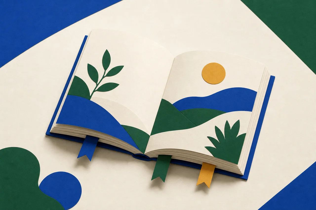 Ilustração de um livreto aberto sobre uma mesa, com três marcadores de fita saindo de páginas diferentes