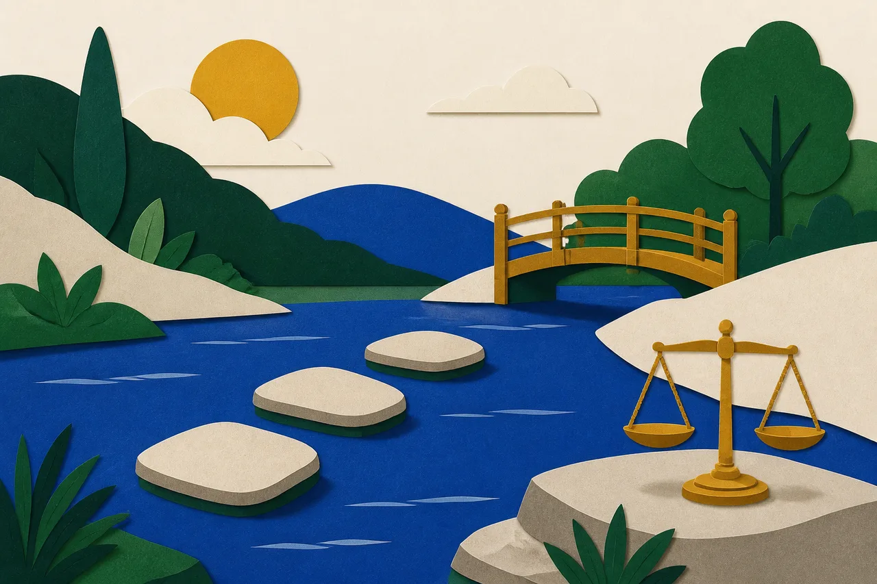 Ilustração de três pedras que atravessam um riacho calmo até uma pequena ponte de madeira, com uma balança de pratos de latão sobre uma rocha na margem.
