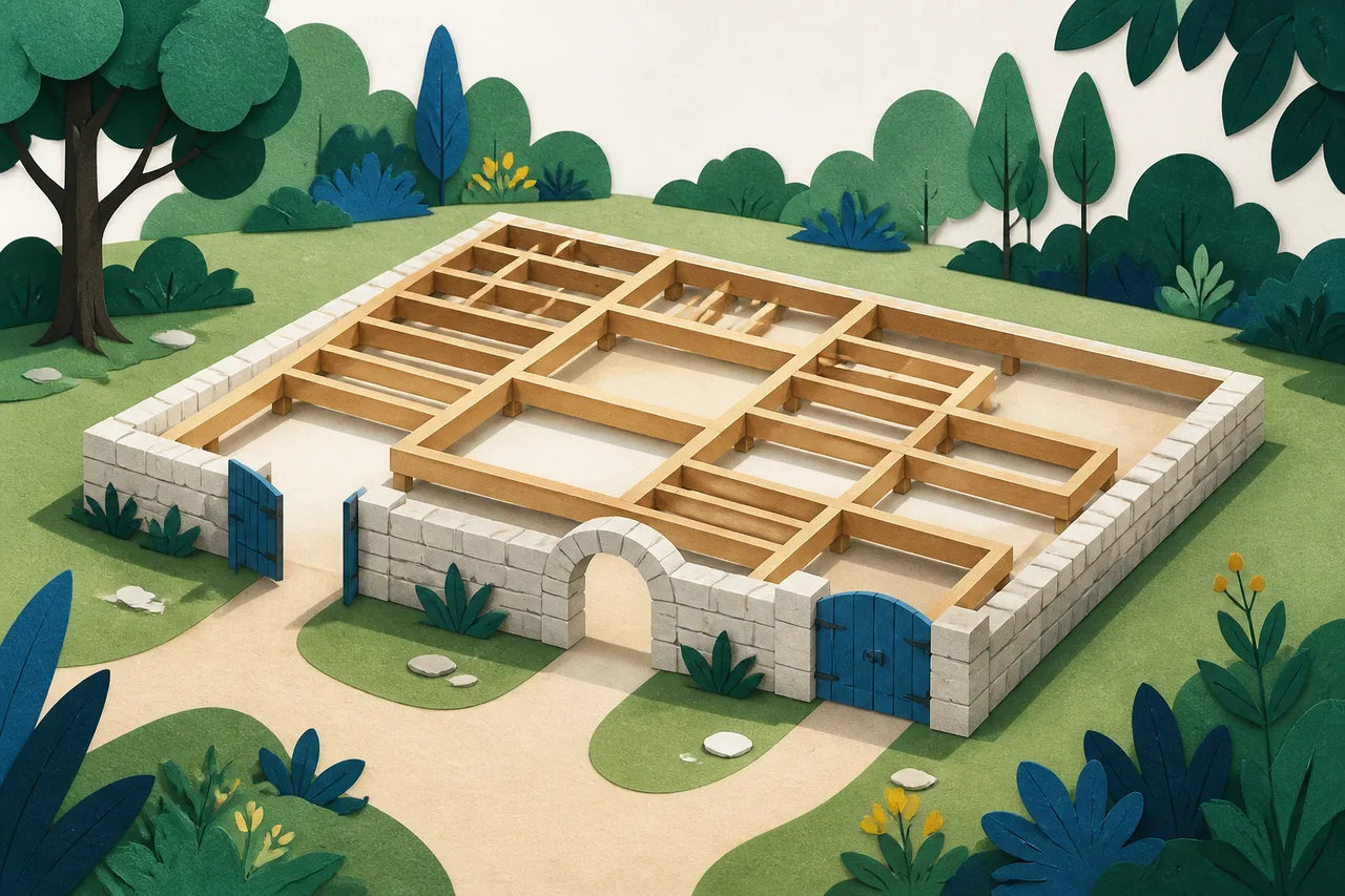 Ilustração de uma fundação de casa vista do alto, num jardim, com três aberturas no muro baixo: um portão aberto, um arco e um portão fechado com trinco.