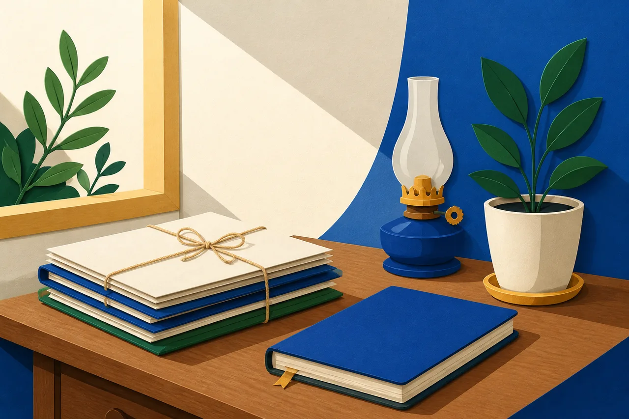 Ilustração de um canto de mesa de madeira com pastas sem escrita amarradas com barbante, um caderno fechado, uma lamparina e um vaso de planta sob luz da manhã.