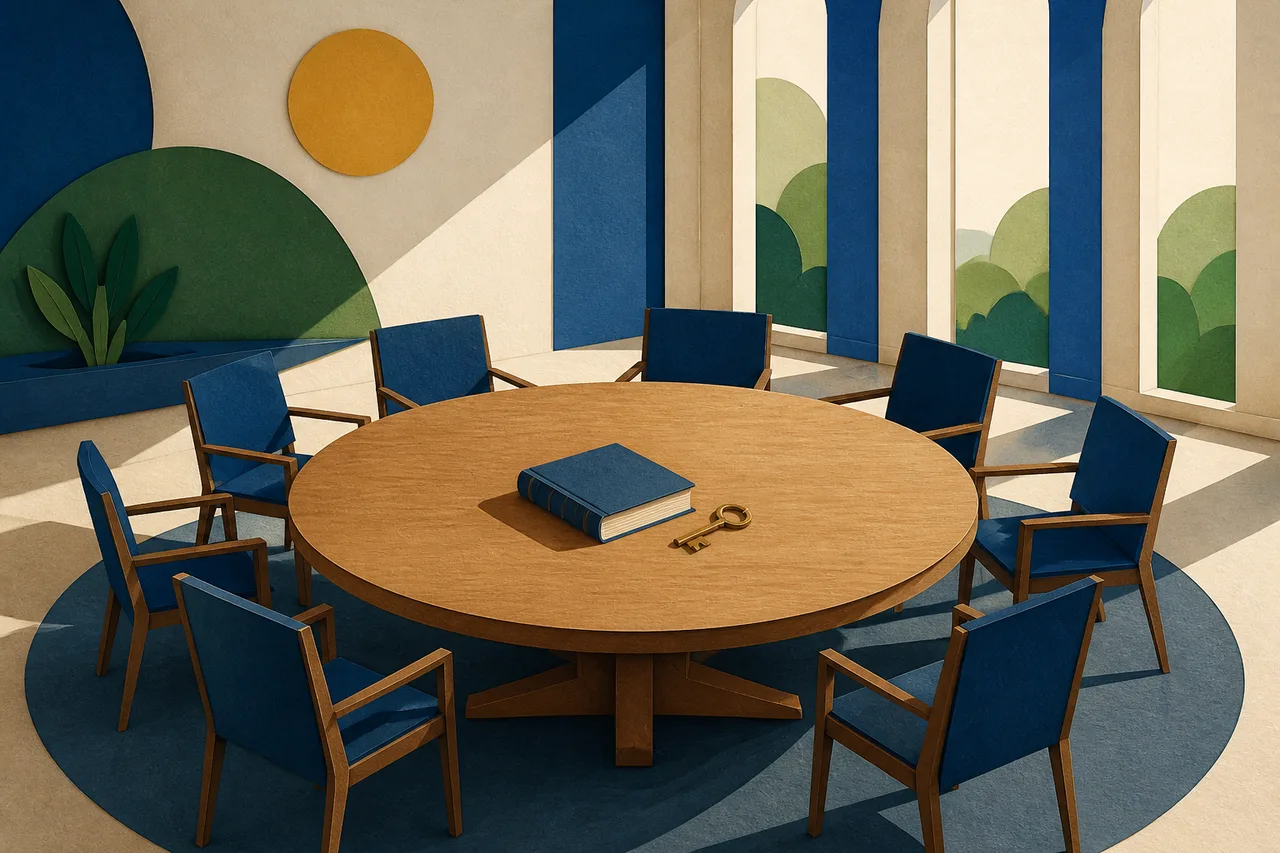 Ilustração de uma mesa redonda de madeira cercada de cadeiras vazias, com um livro fechado de capa lisa e uma chave de latão lado a lado no centro.