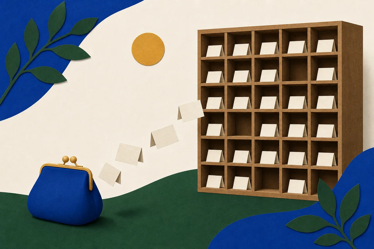 Ilustração de um porta-moedas fechado de onde saem, voando, cartões de papel dobrados em direção a um armário de escaninhos, quase todos já com um cartão