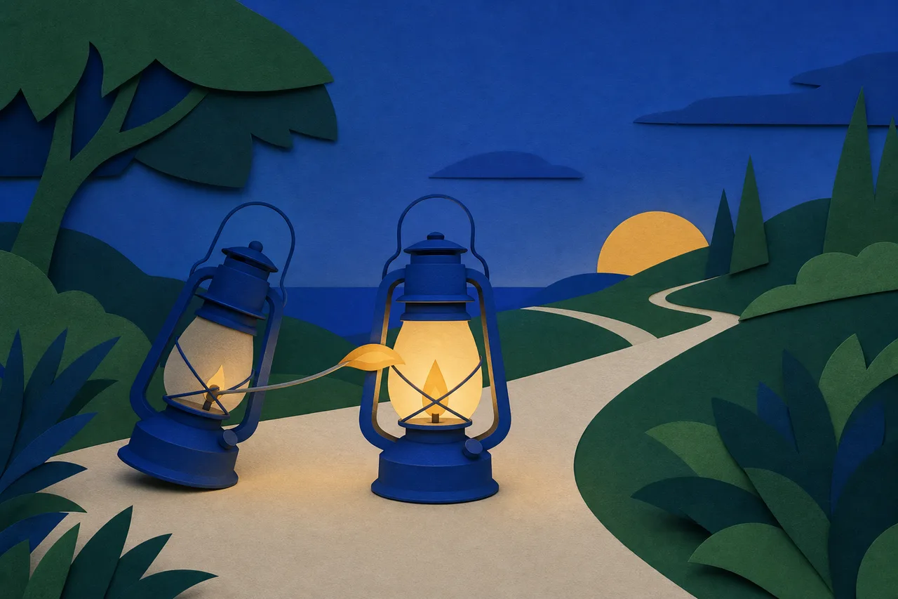 Ilustração de duas lanternas num caminho ao entardecer: a primeira, mais fraca, se inclina e passa a chama para a segunda, que brilha mais e aponta para a frente do caminho