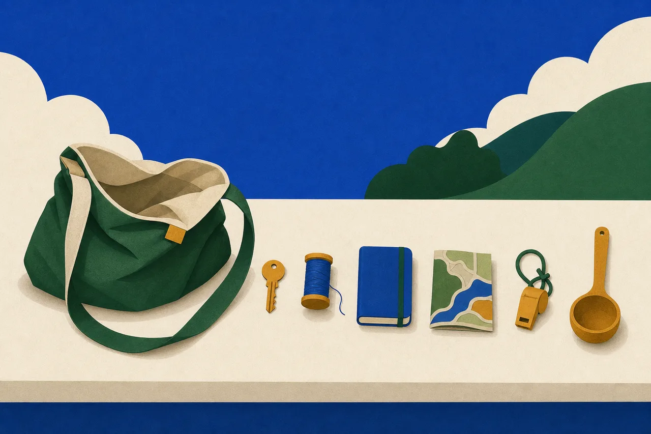 Ilustração de uma sacola de pano aberta sobre uma mesa, com o que estava dentro dela enfileirado ao lado: uma chave, um carretel de linha, um caderno fechado, um mapa dobrado, um apito e uma concha de madeira
