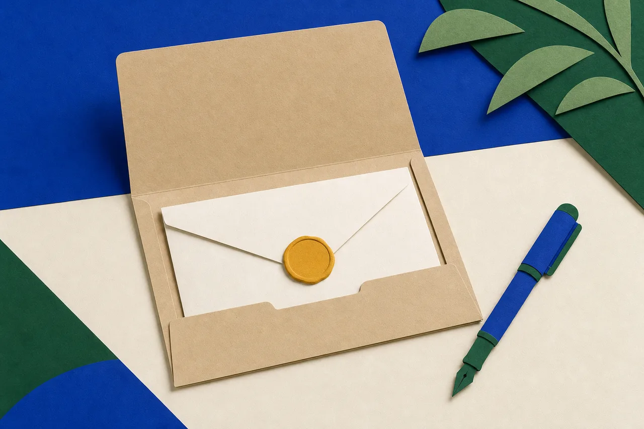 Ilustração de uma pasta de papel aberta com um envelope fechado por um lacre de cera, e uma caneta-tinteiro ao lado