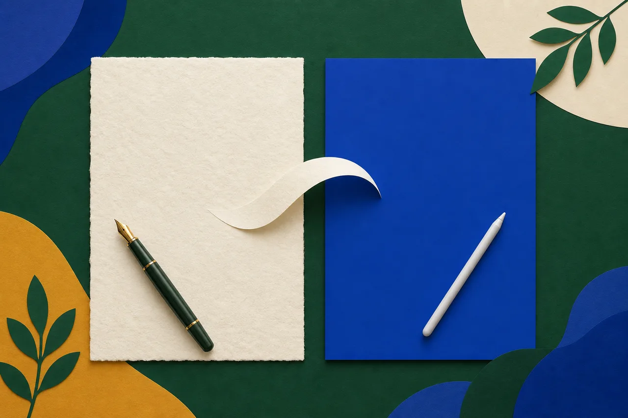Ilustração de duas folhas do mesmo formato lado a lado: à esquerda, de papel texturizado, com uma caneta-tinteiro deitada sobre ela; à direita, um painel liso azul-cobalto com uma caneta de toque apoiada