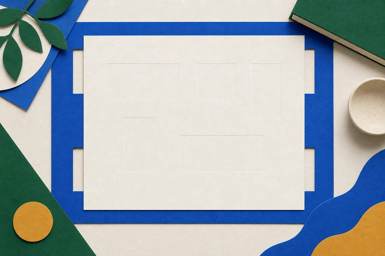 Ilustração de um molde de papel azul com janelas retangulares recortadas e, por cima, uma folha em branco alinhada às janelas, cujas formas aparecem por transparência