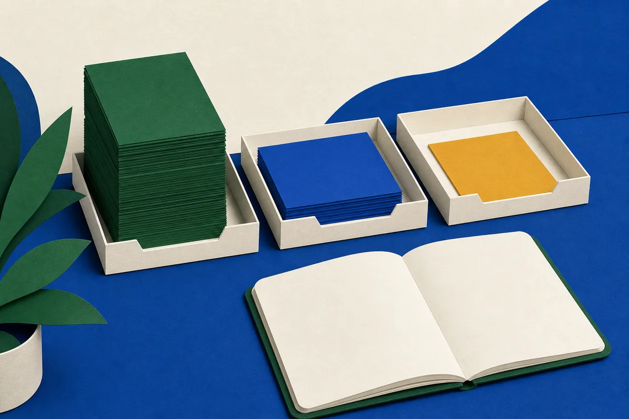 Ilustração de três bandejas rasas de papel lado a lado, uma com uma pilha alta de cartões verdes, outra com uma pilha baixa de cartões azuis e a terceira com um único cartão ocre, ao lado de um caderno aberto em branco