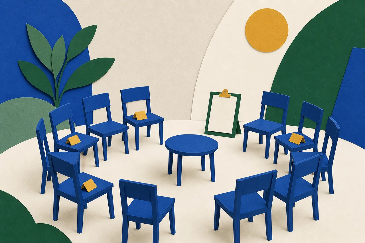 Ilustração de um círculo de cadeiras simples em volta de uma mesa redonda pequena, algumas com um cartão dobrado sobre o assento e as outras vazias, e uma prancheta com folha em branco ao lado da mesa
