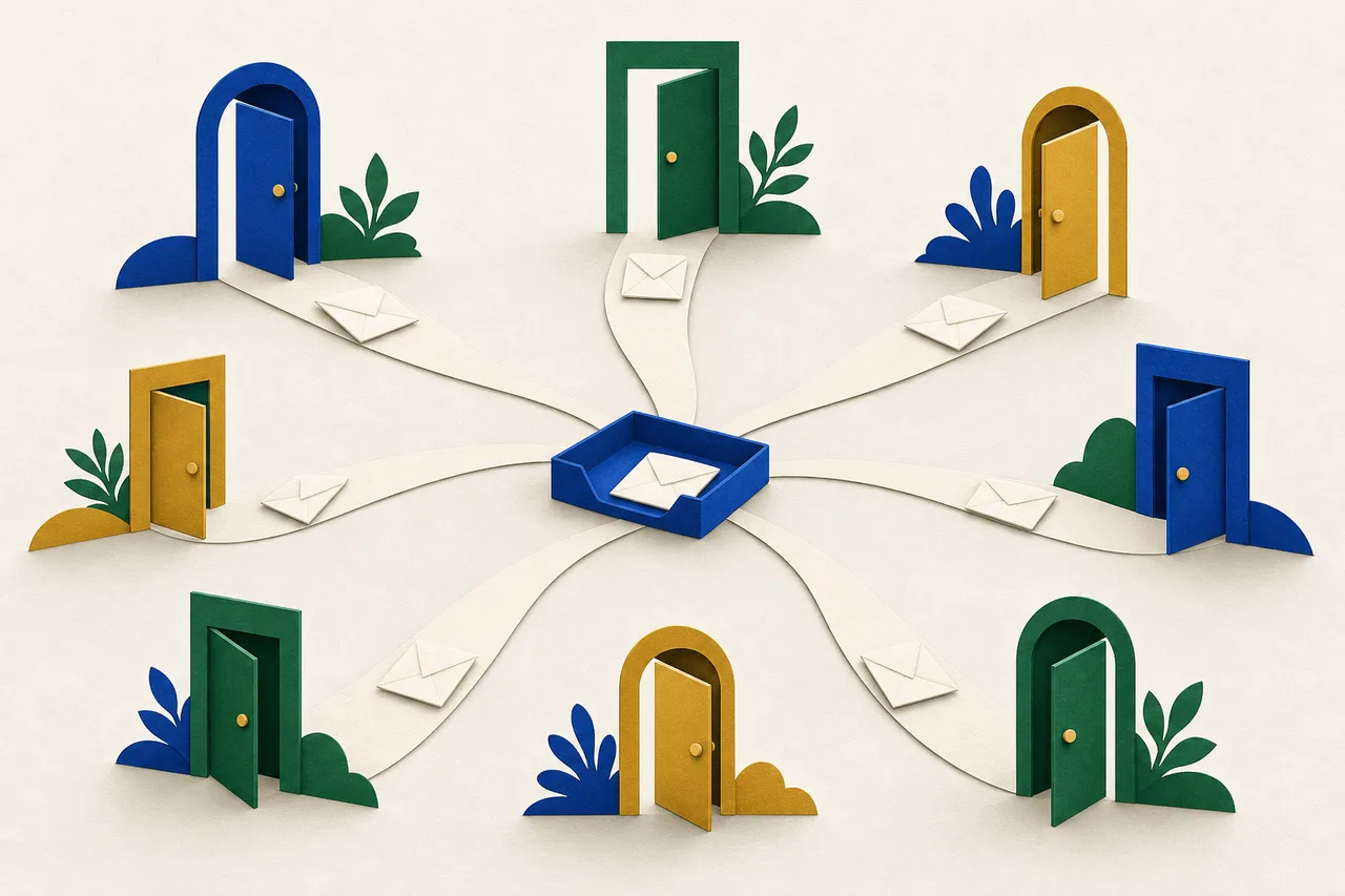 Ilustração de vários envelopes em branco saindo de uma única bandeja de papel e seguindo, por caminhos curvos, até portas pequenas de formatos diferentes, todas entreabertas