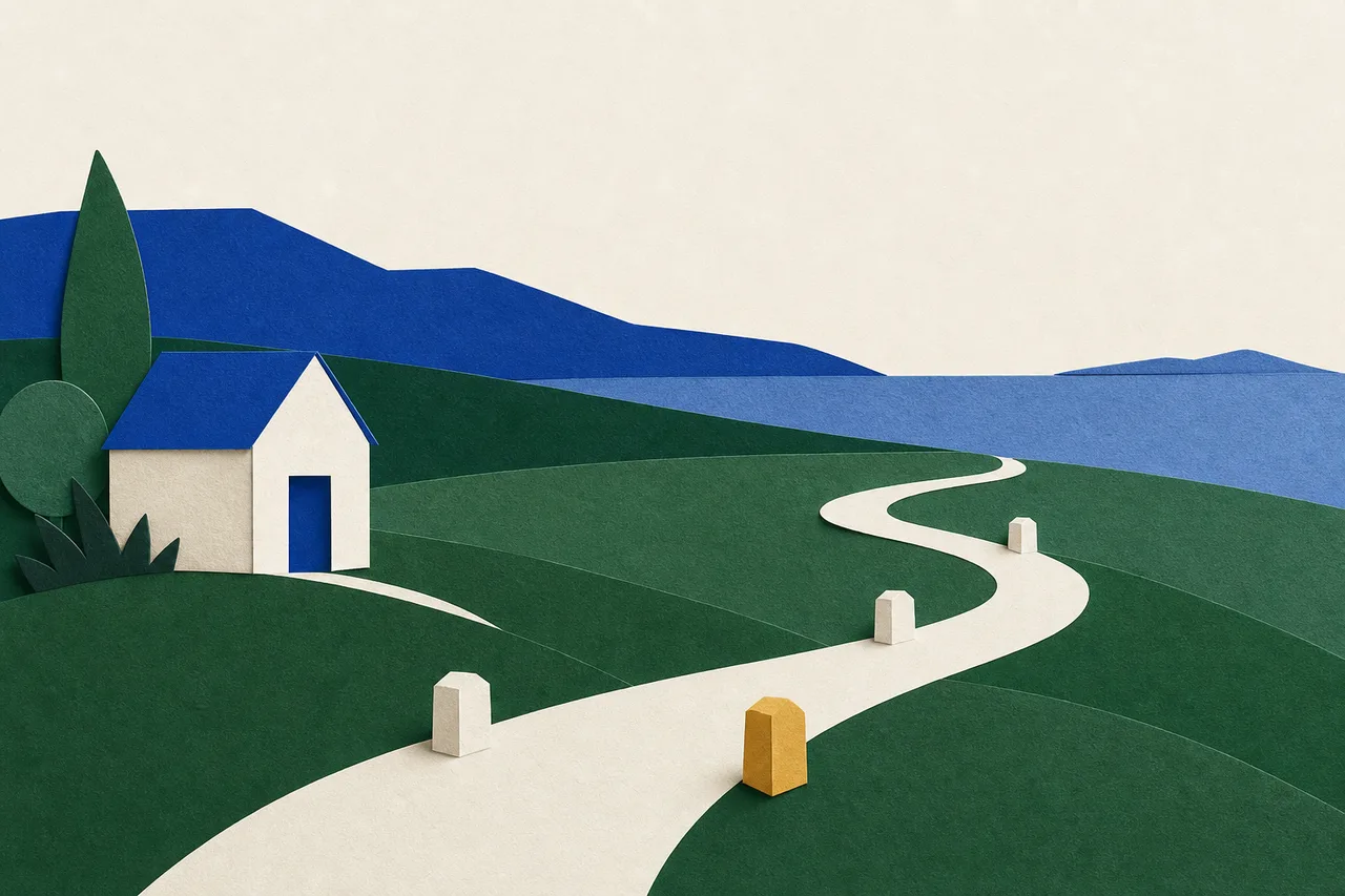 Ilustração de um caminho de papel que sai de uma pequena casa de papel e segue sinuoso até o horizonte, com marcos baixos ao longo dele, um deles ocre