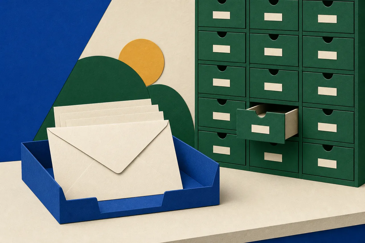 Ilustração de um envelope de papel com quatro folhas em branco aparecendo na borda, pousado numa bandeja rasa sobre um balcão, diante de um arquivo alto de muitas gavetas pequenas com uma delas aberta
