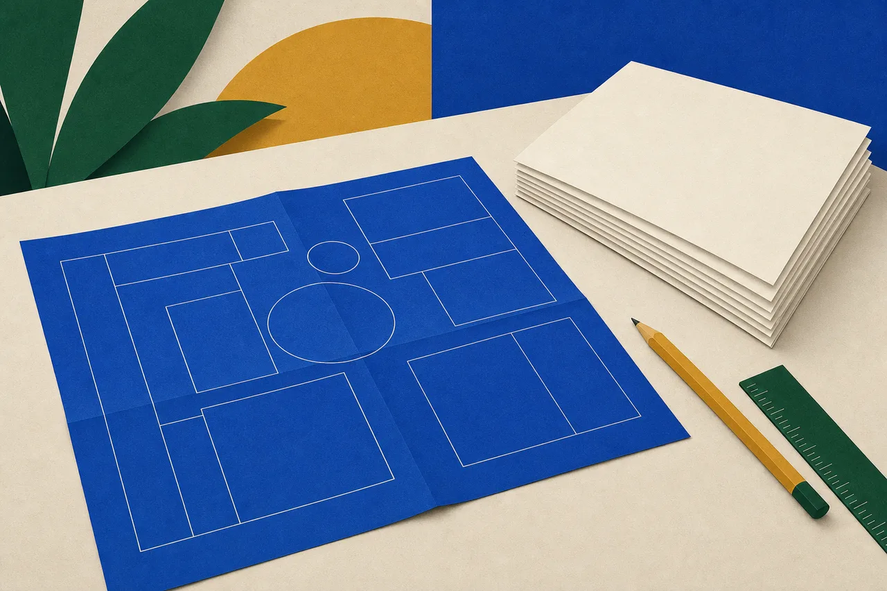 Ilustração de uma planta de papel azul aberta sobre uma mesa, só com contornos geométricos e nenhuma palavra, ao lado de um lápis e de uma régua, com uma pequena pilha de cópias iguais em branco