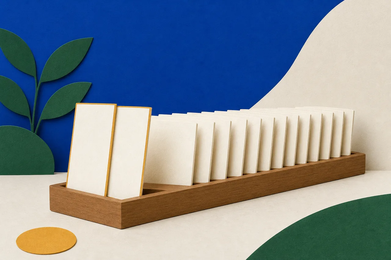 Ilustração de uma fileira de cartões de papel em branco em pé num suporte de madeira, todos iguais, com dois cartões da frente um pouco mais altos e de borda ocre