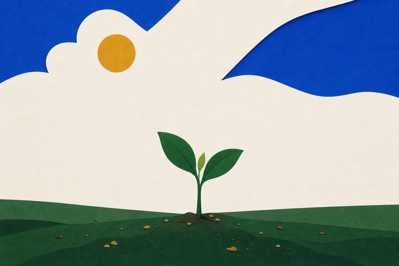 Ilustração de uma muda pequena brotando em terreno aberto, sem vaso, cerca ou estrutura em volta