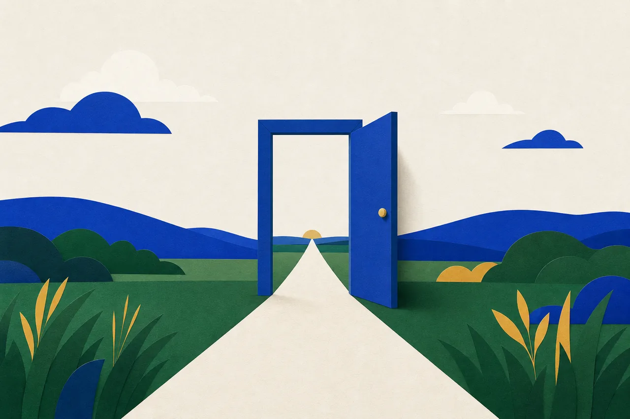 Ilustração de um portal aberto sozinho num campo, sem paredes dos lados, com o caminho passando por ele