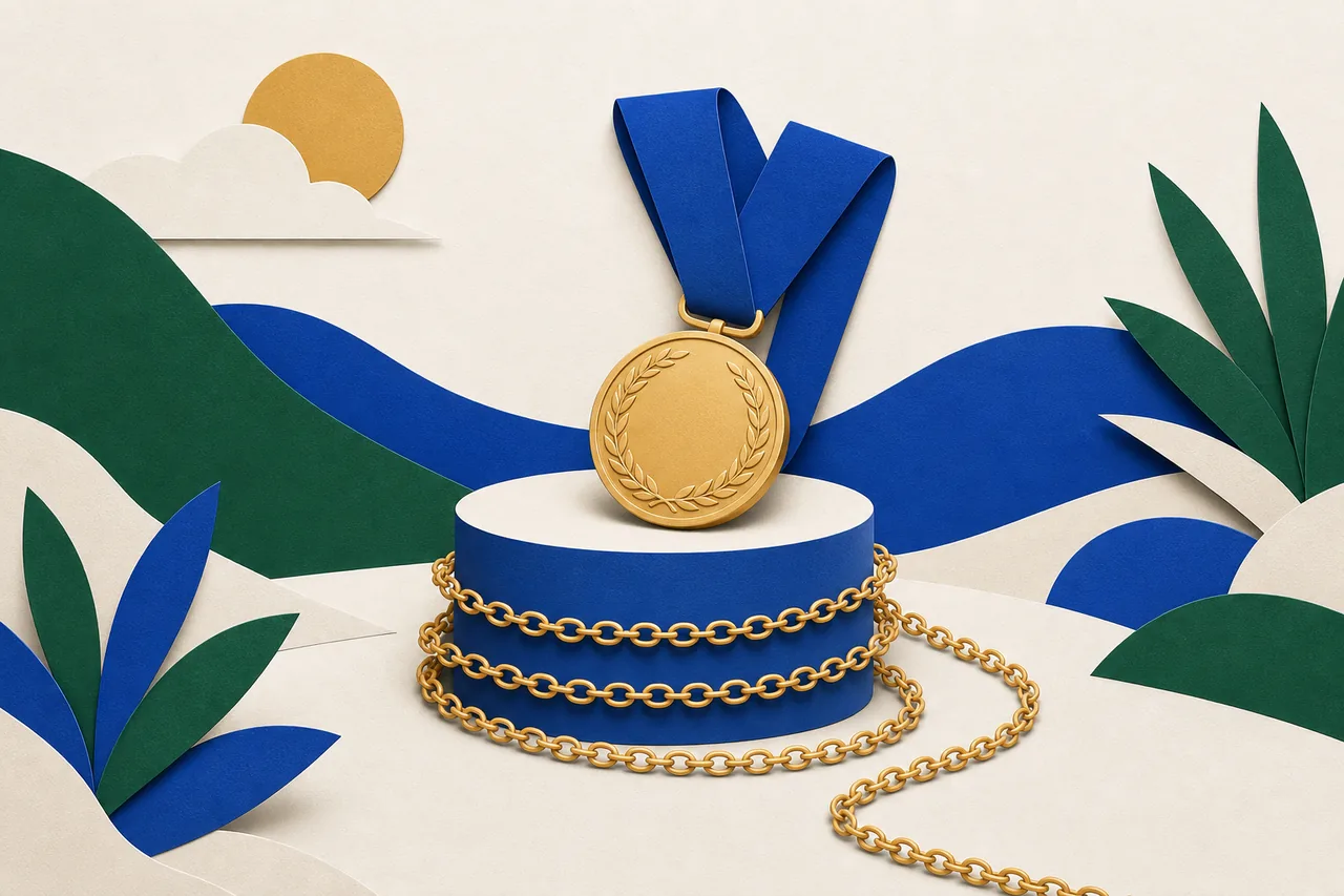 Ilustração de uma medalha sobre um pedestal, com uma corrente de elos saindo da base e dando várias voltas em volta