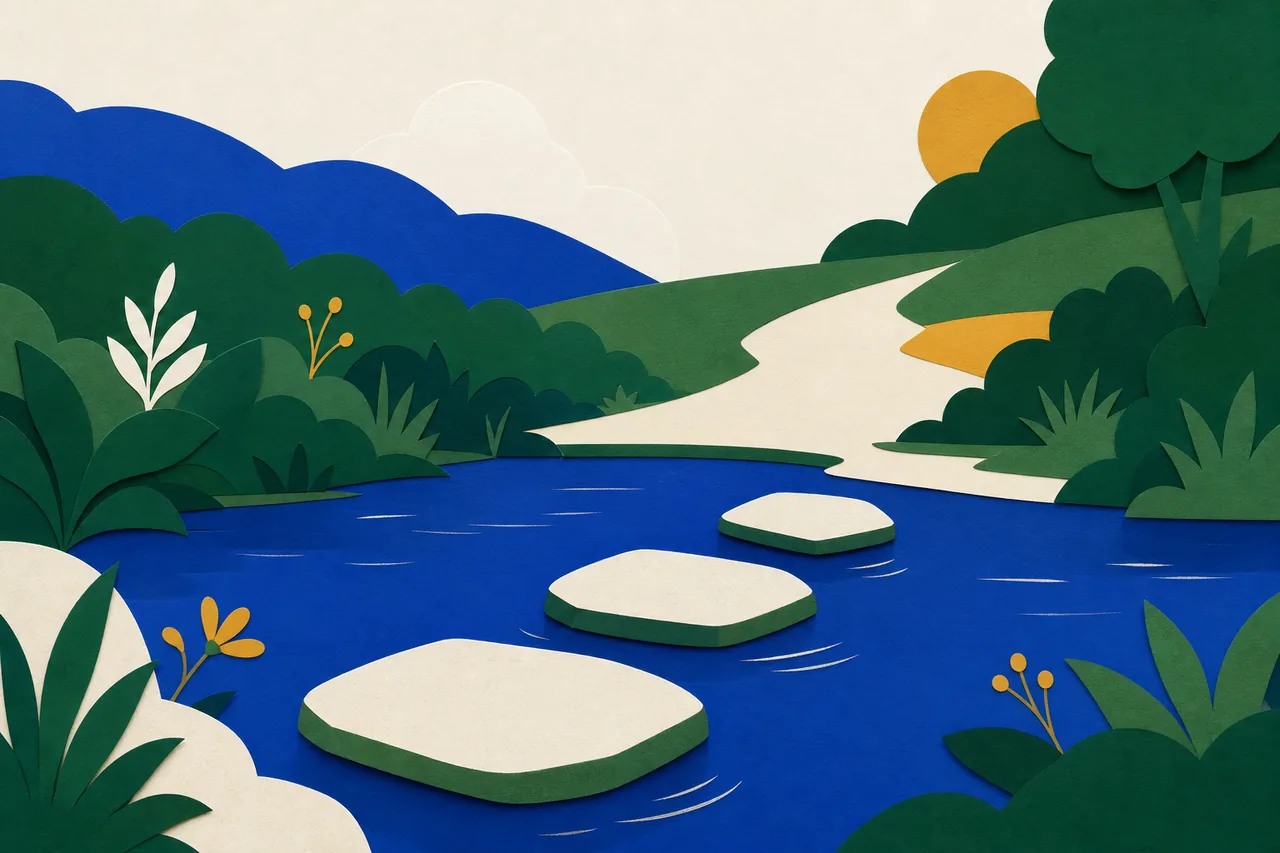 Ilustração de três pedras de tamanhos diferentes atravessando um riacho estreito até um caminho na outra margem