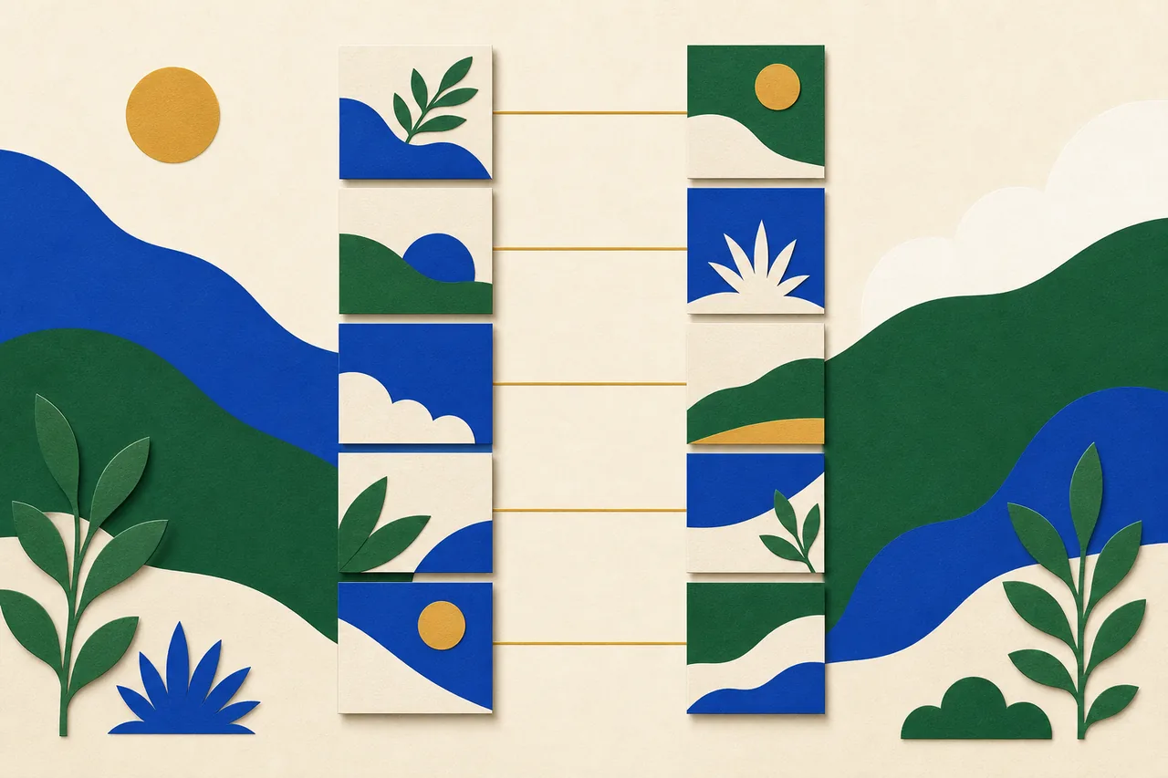 Ilustração de duas colunas de fichas lado a lado, ligadas uma a uma por linhas horizontais no mesmo nível