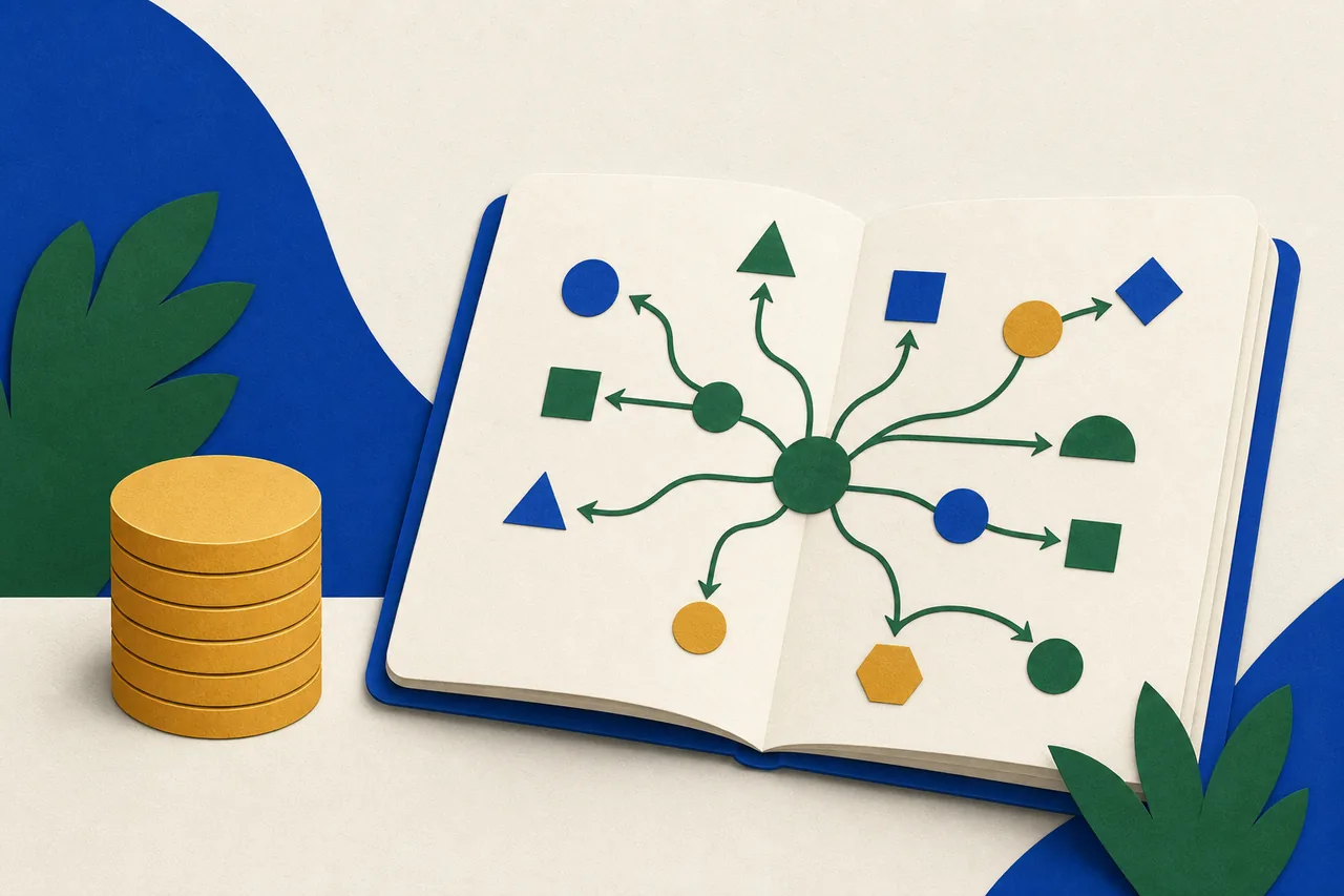 Ilustração de uma pequena pilha de moedas ao lado de um caderno aberto com um diagrama ramificado bem maior que a pilha