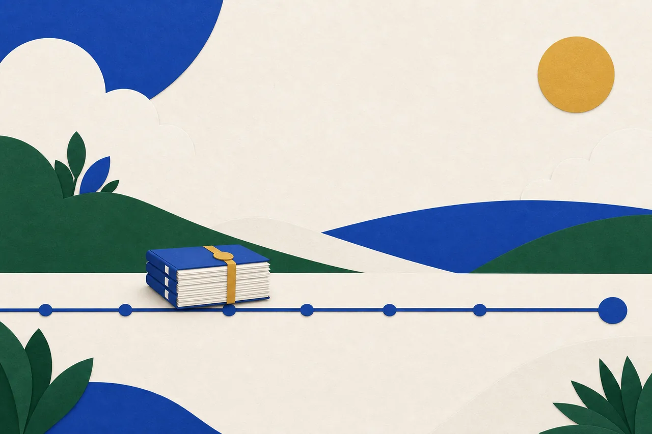 Ilustração de um trilho com marcadores espaçados e uma pilha de documentos prontos parada bem antes do marcador maior da ponta