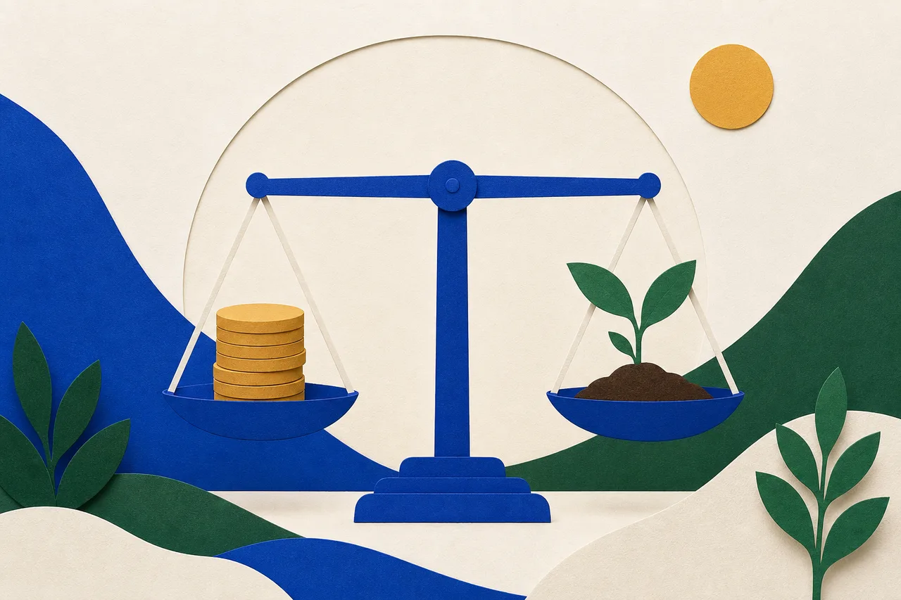 Ilustração de uma balança em equilíbrio, com uma pilha de moedas num prato e, no outro, um broto verde nascendo da terra