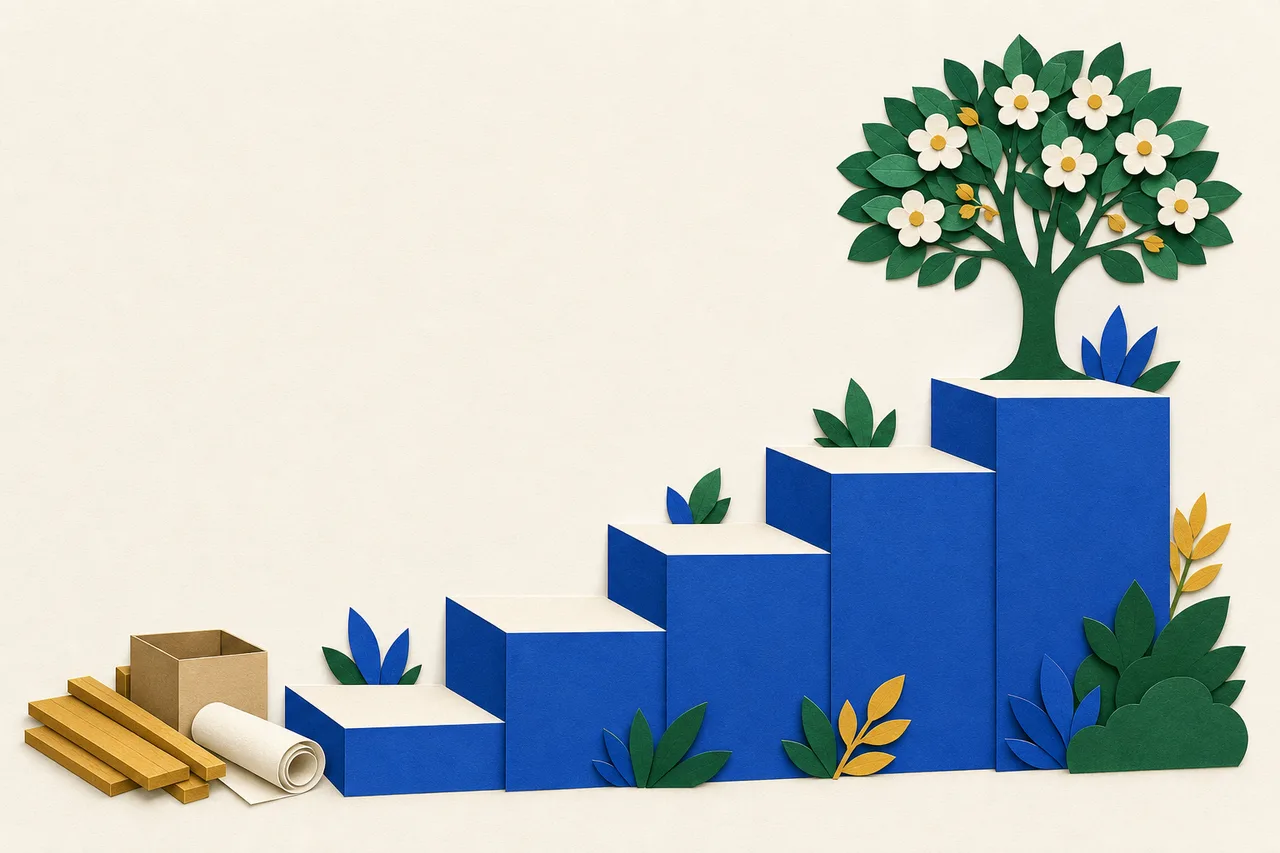 Ilustração de uma escada de cinco degraus que sobe de uma pilha de tábuas, uma caixa e um rolo de papel até uma árvore florida no degrau mais alto