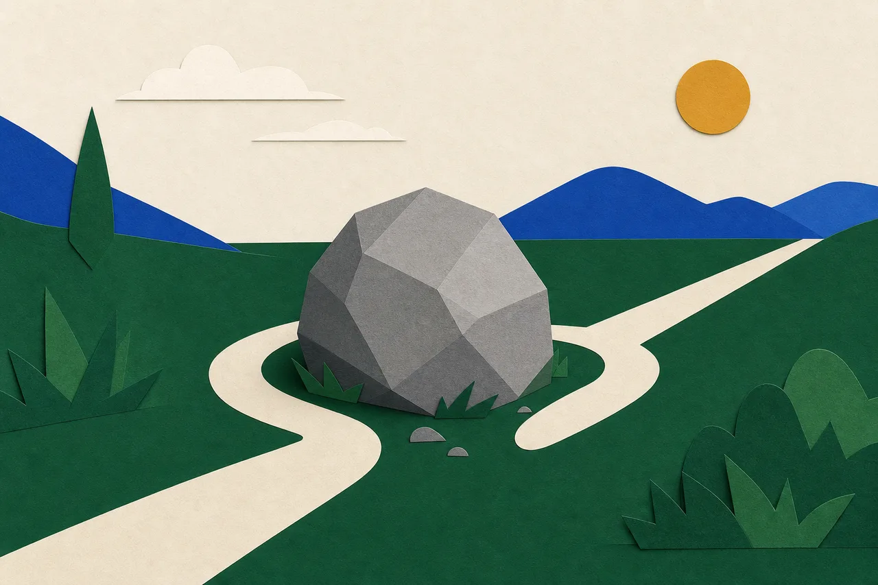 Ilustração de um caminho que contorna uma pedra grande no meio do campo e segue adiante na mesma direção