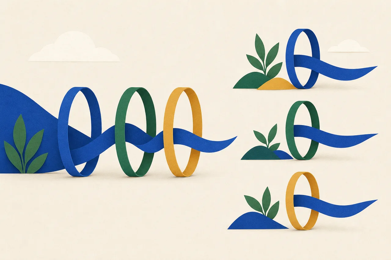 Ilustração de uma única fita que atravessa três aros em fila e, ao lado, três fitas separadas, cada uma passando por um aro só
