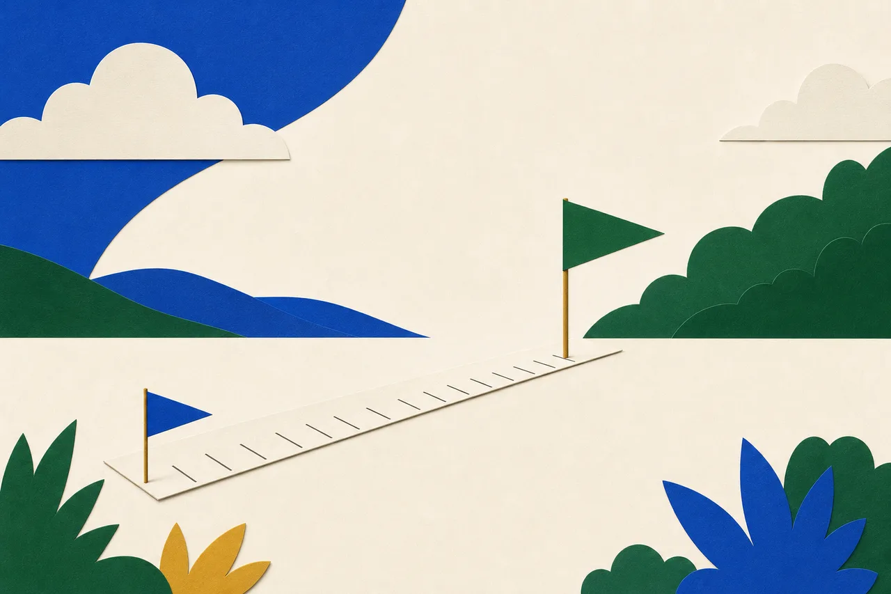 Ilustração de uma régua de papel deitada no chão, sem números, com uma flâmula azul no começo e outra, verde e maior, mais adiante