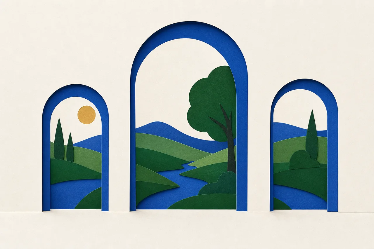 Ilustração de três janelas em arco, de tamanhos diferentes, cada uma mostrando um pedaço diferente da mesma paisagem de colinas, rio e árvores