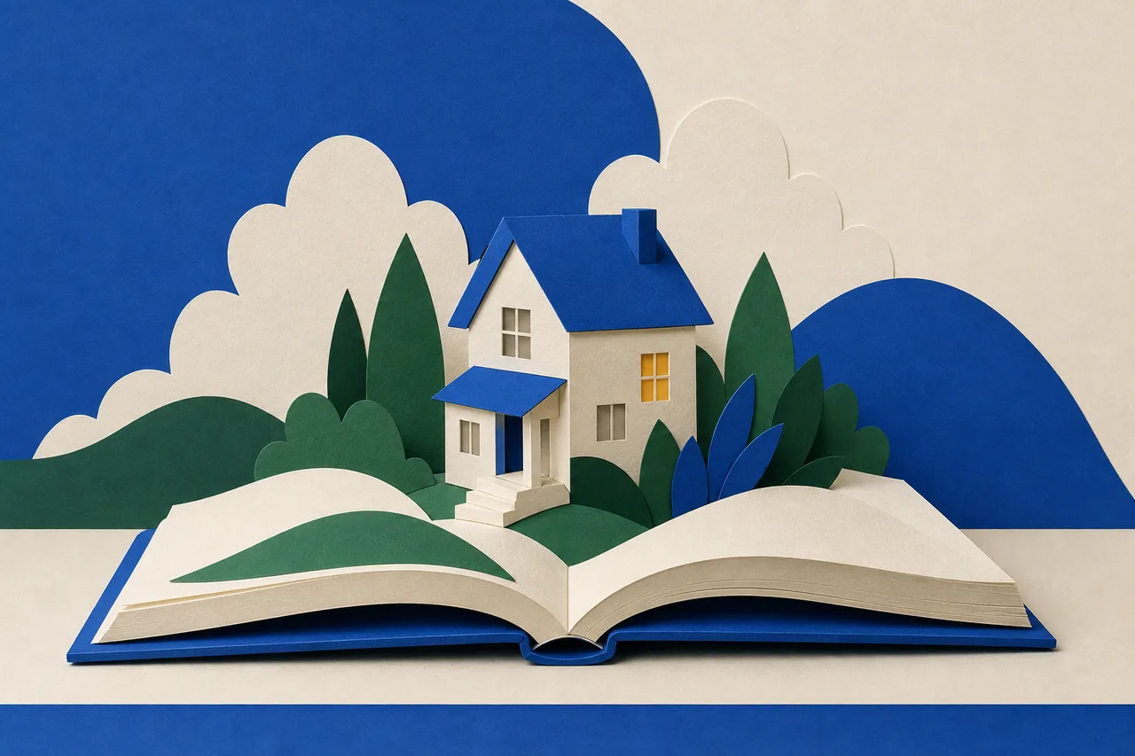Ilustração de um livro aberto do qual se ergue uma pequena casa de papel, com uma janela acesa