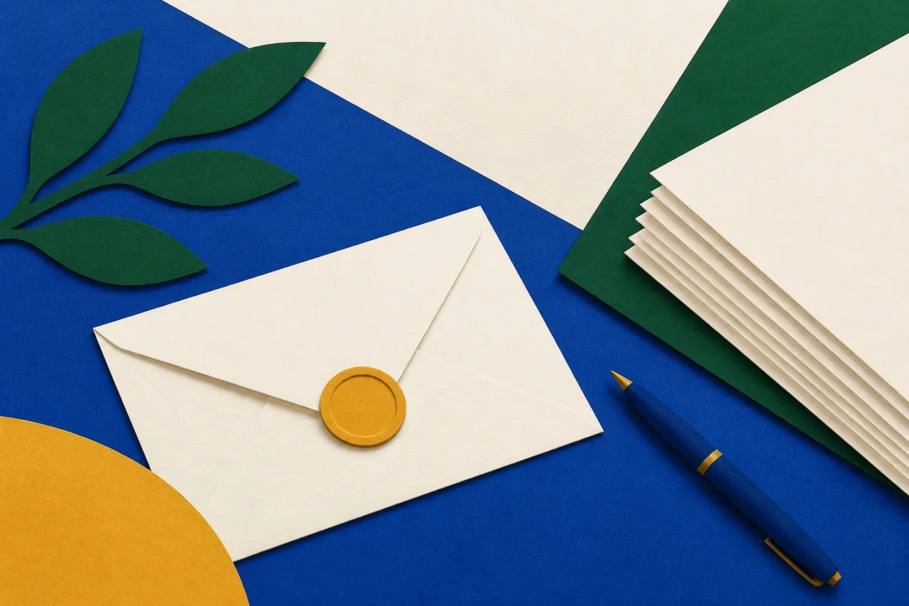 Ilustração de um envelope sendo fechado ao lado de uma pilha de papéis