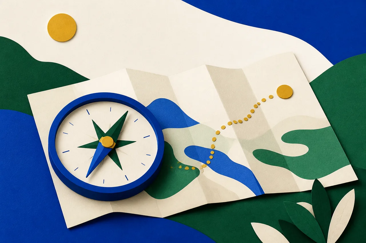 Ilustração de uma bússola sobre um mapa dobrado com um caminho traçado