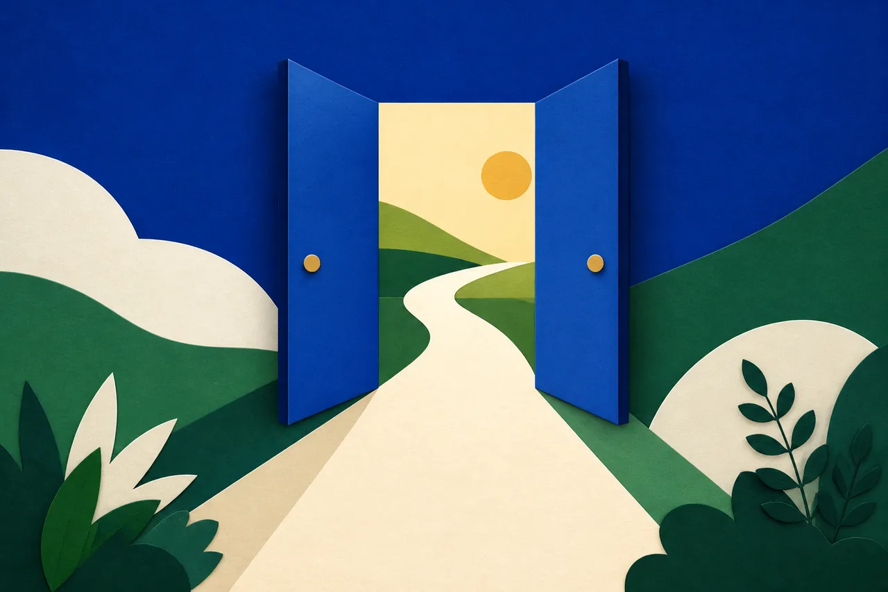 Ilustração de duas portas abertas com luz entrando sobre um caminho