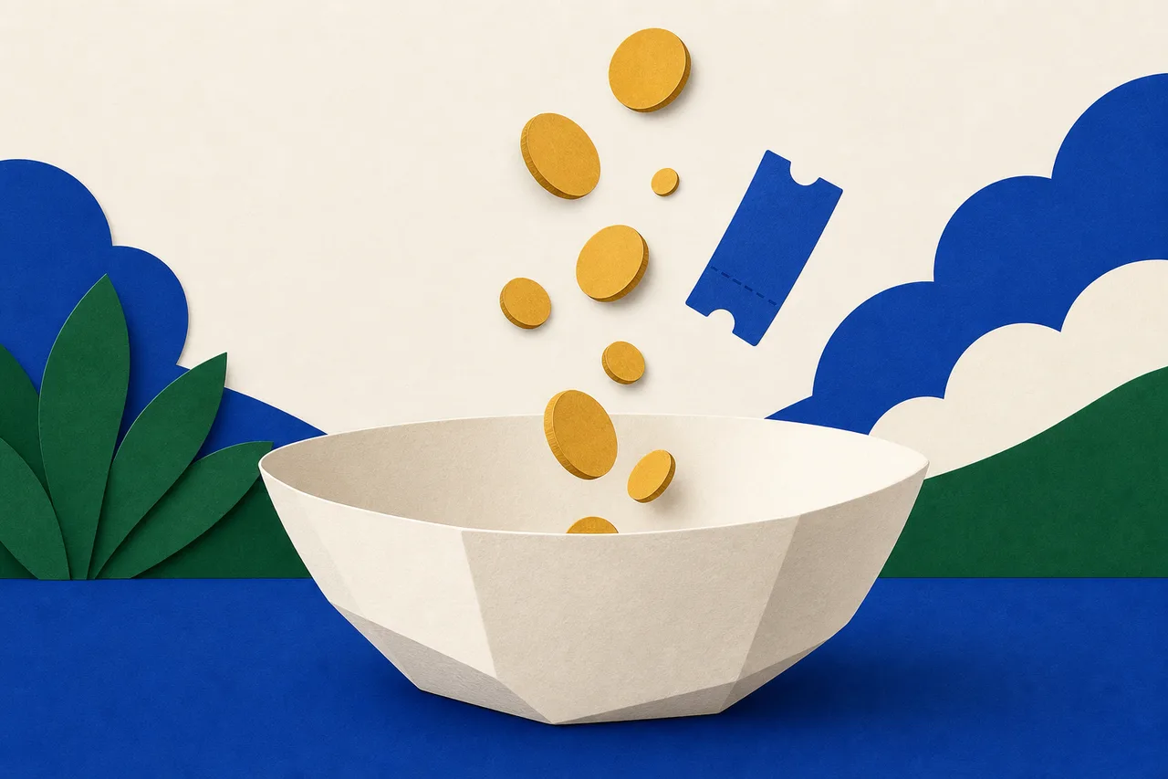 Ilustração: moedas de vários tamanhos caindo numa tigela de papel larga e sem divisórias, e um canhoto de ingresso descendo solto ao lado.