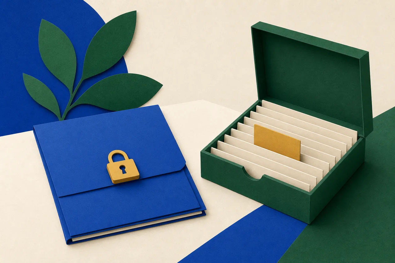 Ilustração: uma pasta azul fechada com um cadeado dourado, ao lado de um fichário verde aberto com quase todos os espaços vazios e uma única ficha em pé no meio.