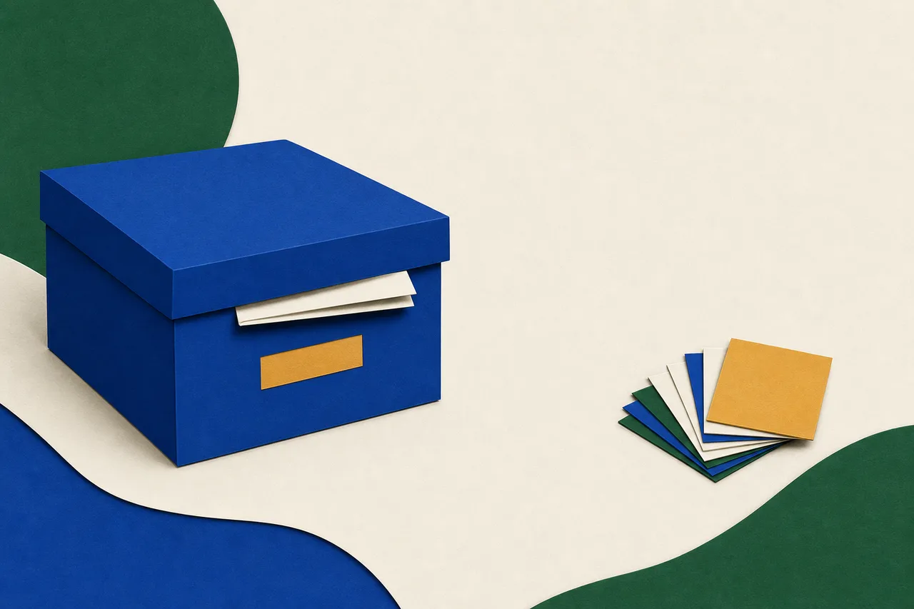 Ilustração: uma caixa de arquivo azul fechada com um documento preso sob a tampa, e um maço de fichas espalhado longe dela, sem nada ligando os dois.