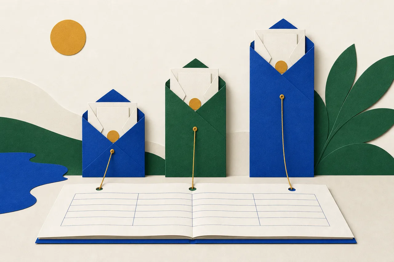 Ilustração: três envelopes de papel de alturas diferentes em fila, cada um com um certificado dobrado dentro, e cada um ligado por um fio a um livro aberto deitado à frente deles.