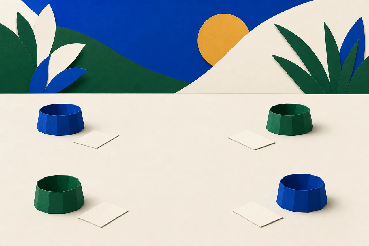 Ilustração: quatro potes de papel espalhados longe uns dos outros numa superfície larga, cada um com um cartão em branco virado para baixo ao lado, sem nenhum caminho ligando um ao outro.
