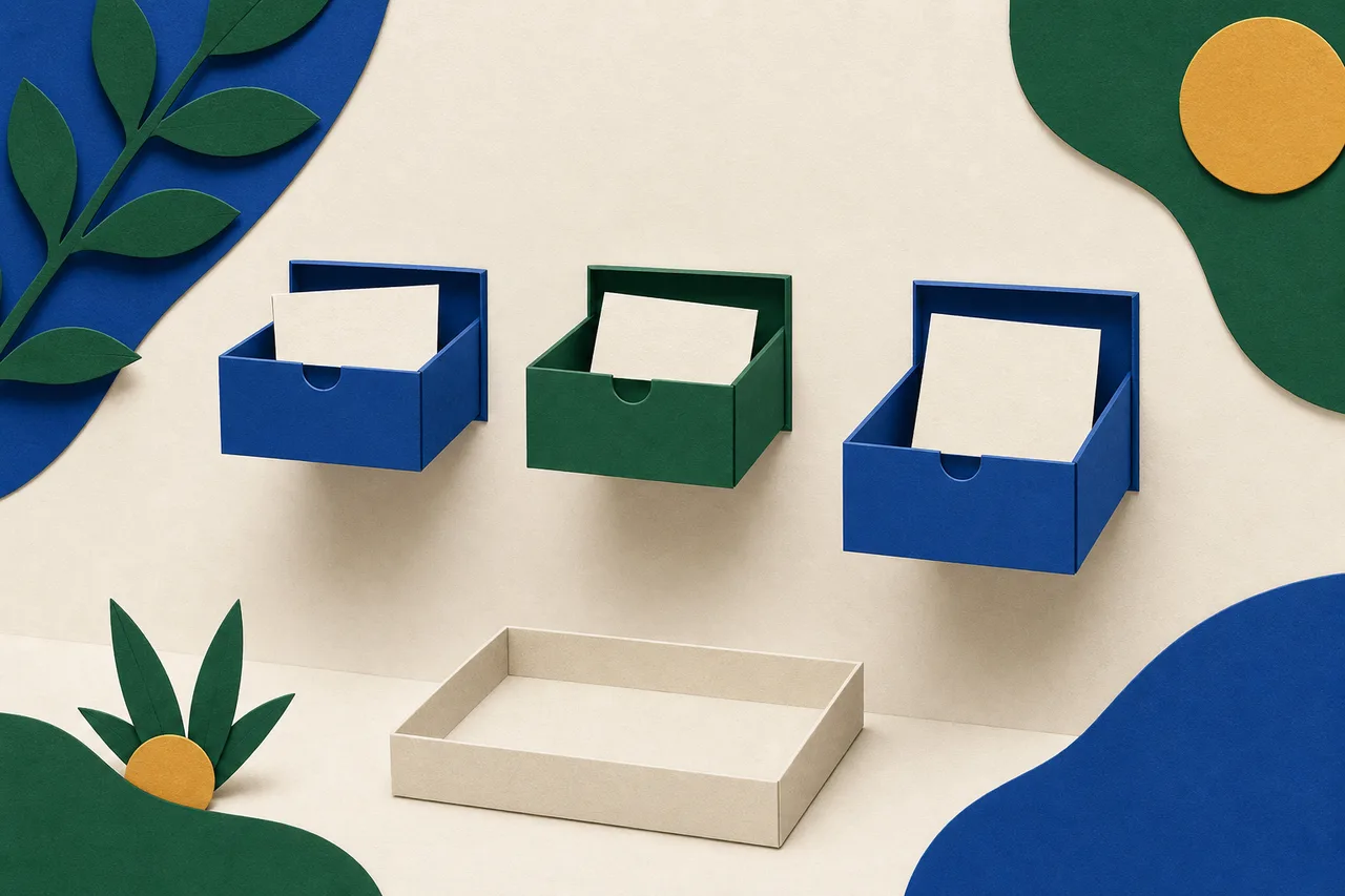 Ilustração: três gavetas de papel abertas em alturas diferentes, cada uma com um papel solto dentro, e uma bandeja vazia esperando embaixo.