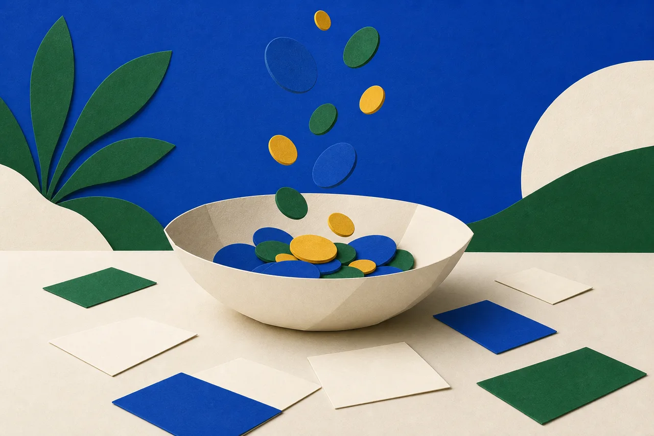 Ilustração: moedas de tamanhos diferentes caindo numa tigela de papel larga e sem divisórias, com fichas em branco espalhadas ao redor, nenhuma ligada a nenhuma moeda.