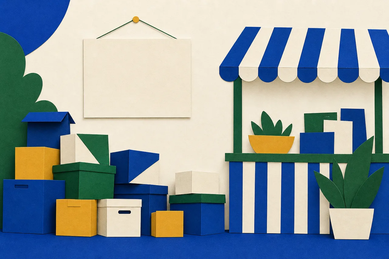 Ilustração: caixas empilhadas sem ordem ao lado de uma barraca de papel, com um quadro de anotações completamente em branco pendurado atrás.