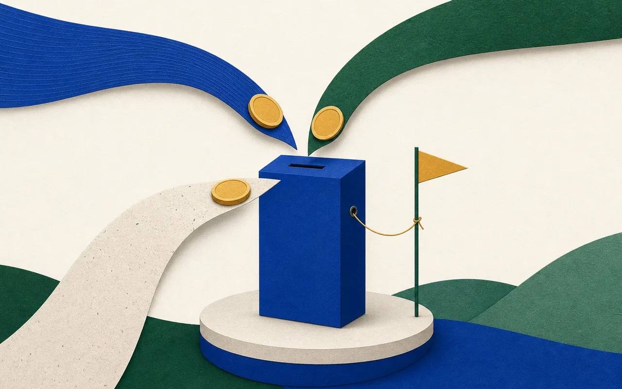 Ilustração: uma caixa coletora alta com uma fenda para moeda, sobre um pedestal baixo. Três fitas de papel curvas, de texturas diferentes, chegam de direções distintas carregando cada uma uma moeda até a fenda. Ao lado, um pequeno estandarte triangular numa haste fina, ligado à caixa por um fio curvo.