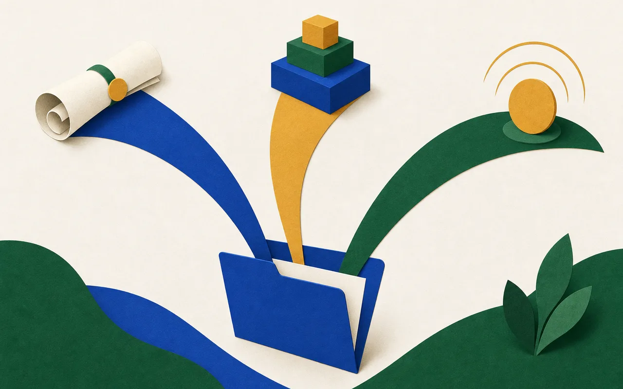 Ilustração: uma pasta aberta ao centro solta três fitas de papel curvas que se abrem em leque até três formas distintas nas bordas: um rolo de papel, um pequeno bloco empilhado e um farol redondo com dois arcos finos irradiando dele.