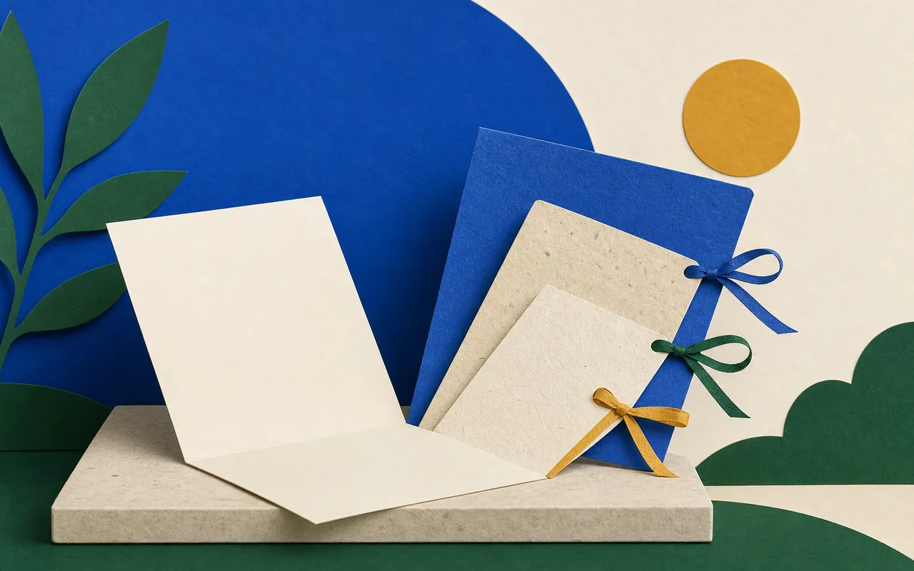 Ilustração: uma folha dobrada em branco, aberta sobre uma base baixa, e ao lado três cartões de tamanhos e texturas diferentes dispostos em leque, cada um amarrado com uma fita de tom próprio.