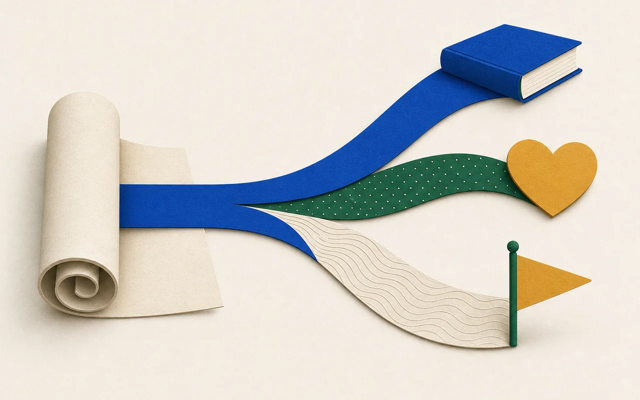 Ilustração: um rolo de papel parcialmente desenrolado de onde sai uma fita larga que se divide em três fitas de texturas diferentes, terminando cada uma num objeto: um livro fechado, um coração e uma pequena flâmula triangular numa haste.