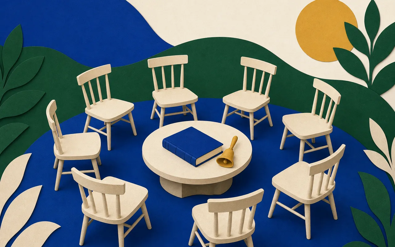 Ilustração: uma roda de cadeiras simples e vazias em volta de uma mesa redonda baixa, com um livro de registro fechado e um sino de mão pousados sobre o tampo.