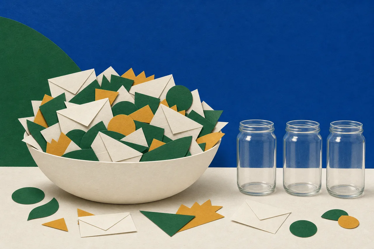 Ilustração: uma tigela de papel transbordando de envelopes e recortes verdes e ocre misturados, com três potes de vidro vazios ao lado.